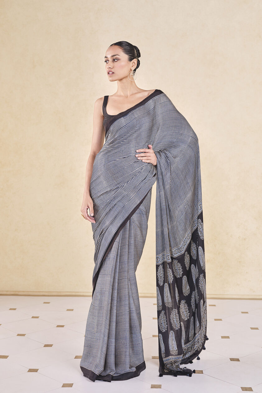 Korat Handcrafted Ajrakh Saree - Black, Black, image 1